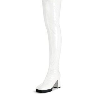 Women White Square Toe Chunky Heels Patent Leather PU Over The Knee High Boots